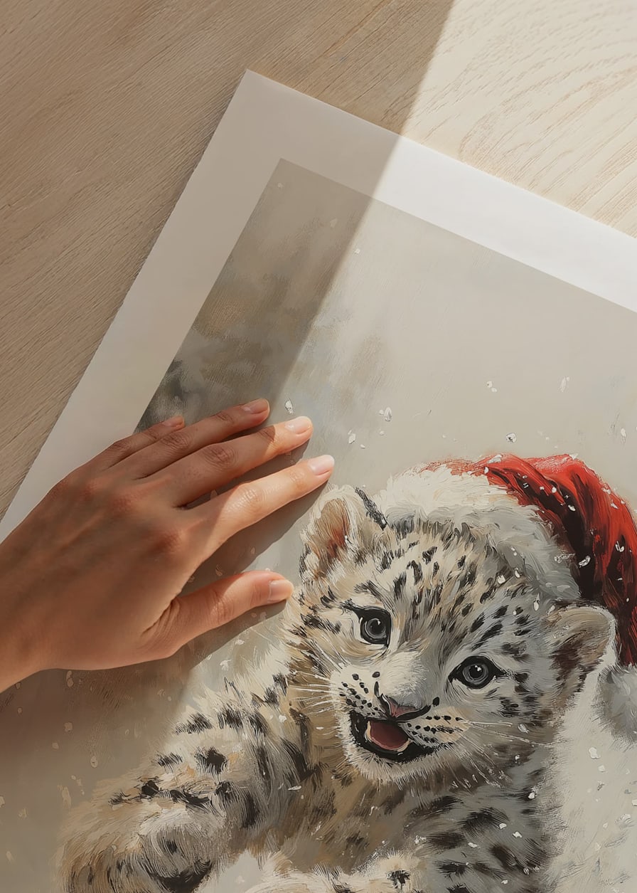 Illustrerad snöleopardunge med tomteluva i vintersnö-12