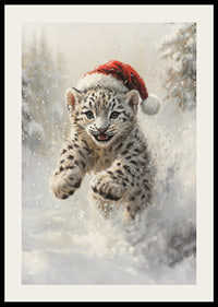Illustrerad snöleopardunge med tomteluva i vintersnö-2