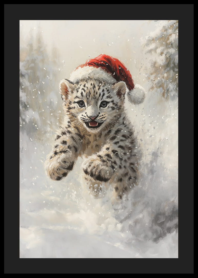 Pui de leopard de zăpadă ilustrat cu pălărie de Moș Crăciun în zăpada de iarnă-12