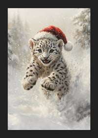 Illustrerad snöleopardunge med tomteluva i vintersnö-5
