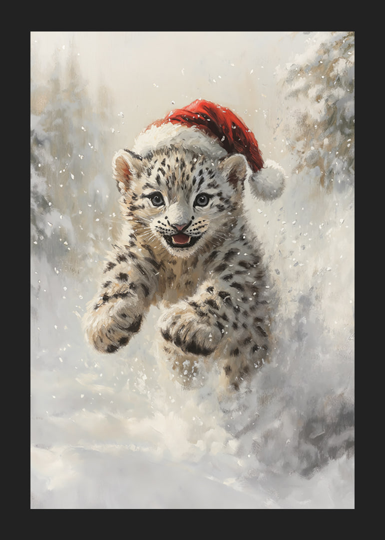 Illustrerad snöleopardunge med tomteluva i vintersnö-12