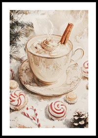 Illustrated cup of hot chocolate with cream and cinnamon stick, surrounded by Christmas candy in warm beige and red tones-0