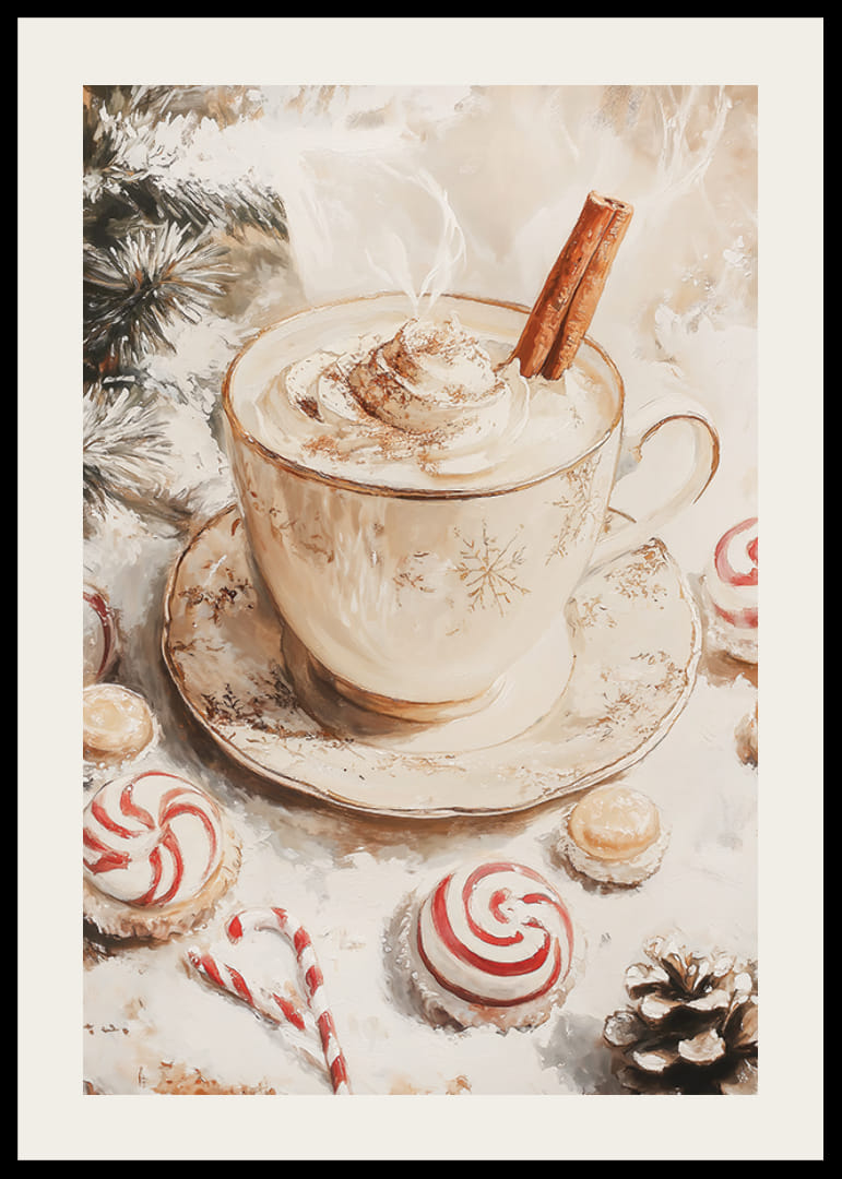 Tazza illustrata di cioccolata calda con panna e stecca di cannella, circondata da dolci natalizi nei toni caldi del beige e del rosso-12