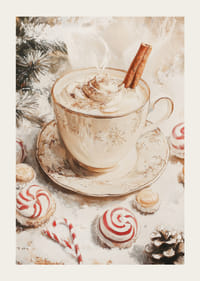 Tazza illustrata di cioccolata calda con panna e stecca di cannella, circondata da dolci natalizi nei toni caldi del beige e del rosso-3