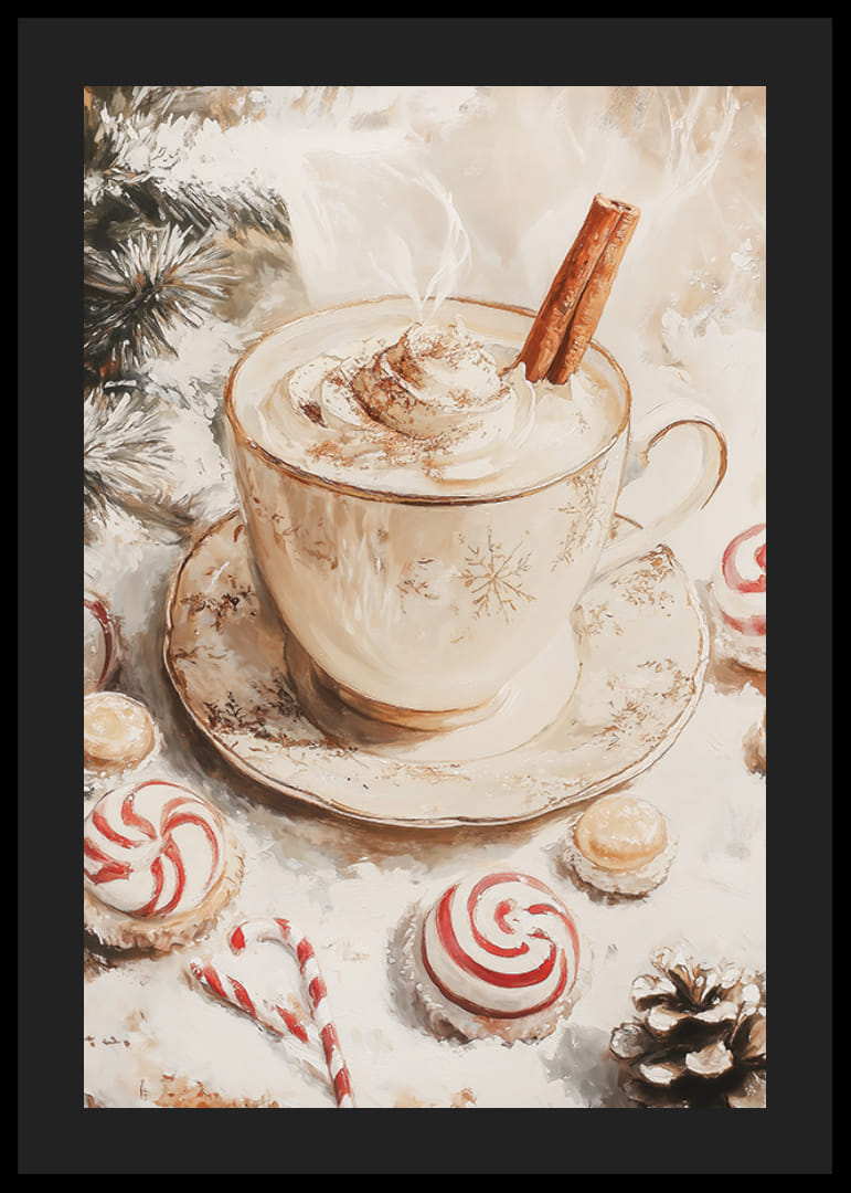 Tazza illustrata di cioccolata calda con panna e stecca di cannella, circondata da dolci natalizi nei toni caldi del beige e del rosso-12