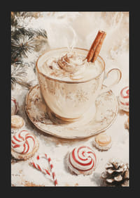 Tazza illustrata di cioccolata calda con panna e stecca di cannella, circondata da dolci natalizi nei toni caldi del beige e del rosso-5