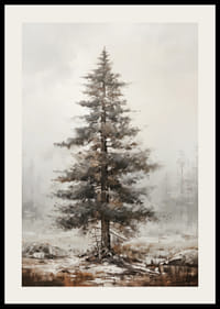 Malet furutre i vinterlandskap med tåkete bakgrunn-2