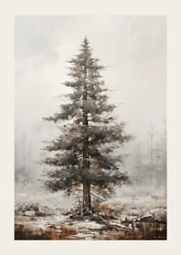 Malet furutre i vinterlandskap med tåkete bakgrunn-3