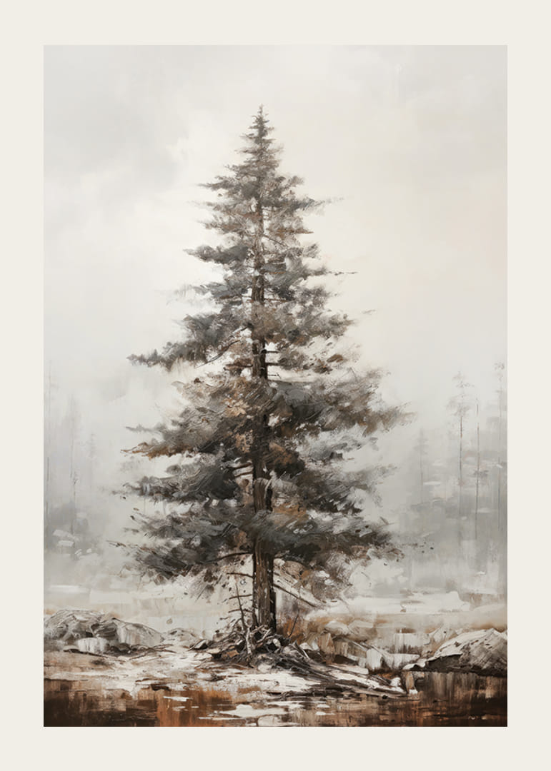 Malet furutre i vinterlandskap med tåkete bakgrunn-12