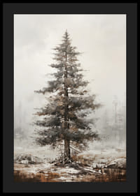 Malet furutre i vinterlandskap med tåkete bakgrunn-4