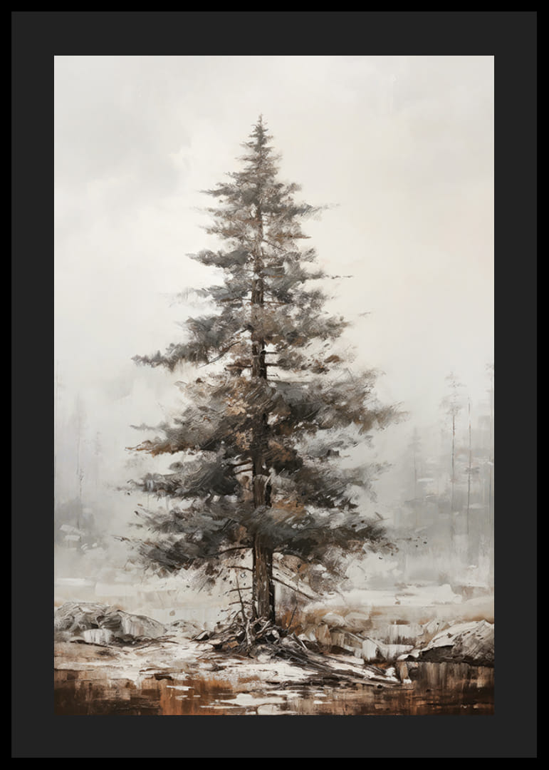 Malet furutre i vinterlandskap med tåkete bakgrunn-12