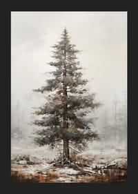 Malet furutre i vinterlandskap med tåkete bakgrunn-5