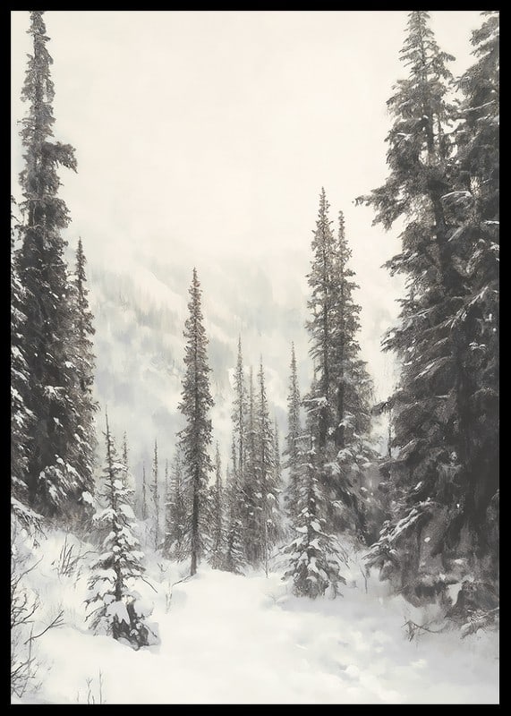 Sentier hivernal illustré à travers une forêt d'épicéas enneigée dans le brouillard-12
