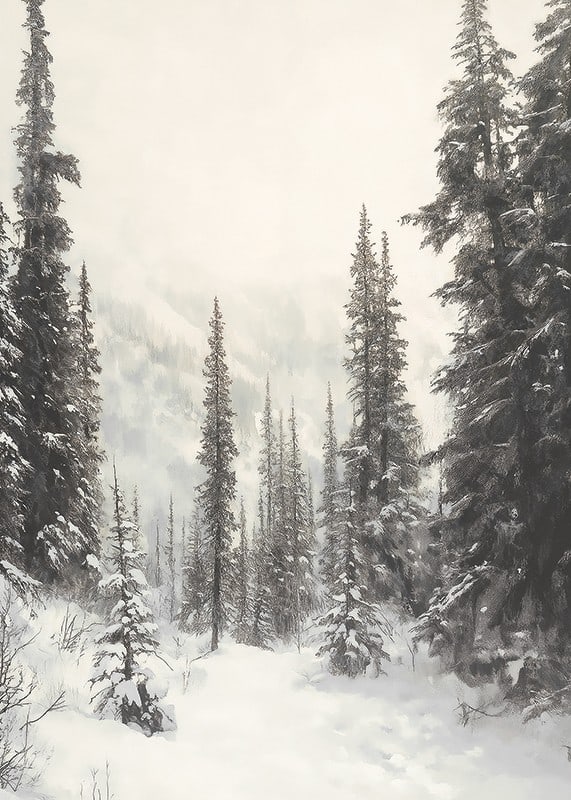 Sentier hivernal illustré à travers une forêt d'épicéas enneigée dans le brouillard-12