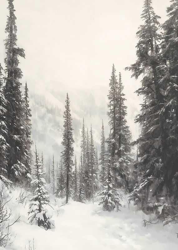 Affiche avec une peinture représentant un chemin enneigé à travers une forêt-12