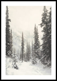 Sentier hivernal illustré à travers une forêt d'épicéas enneigée dans le brouillard-0