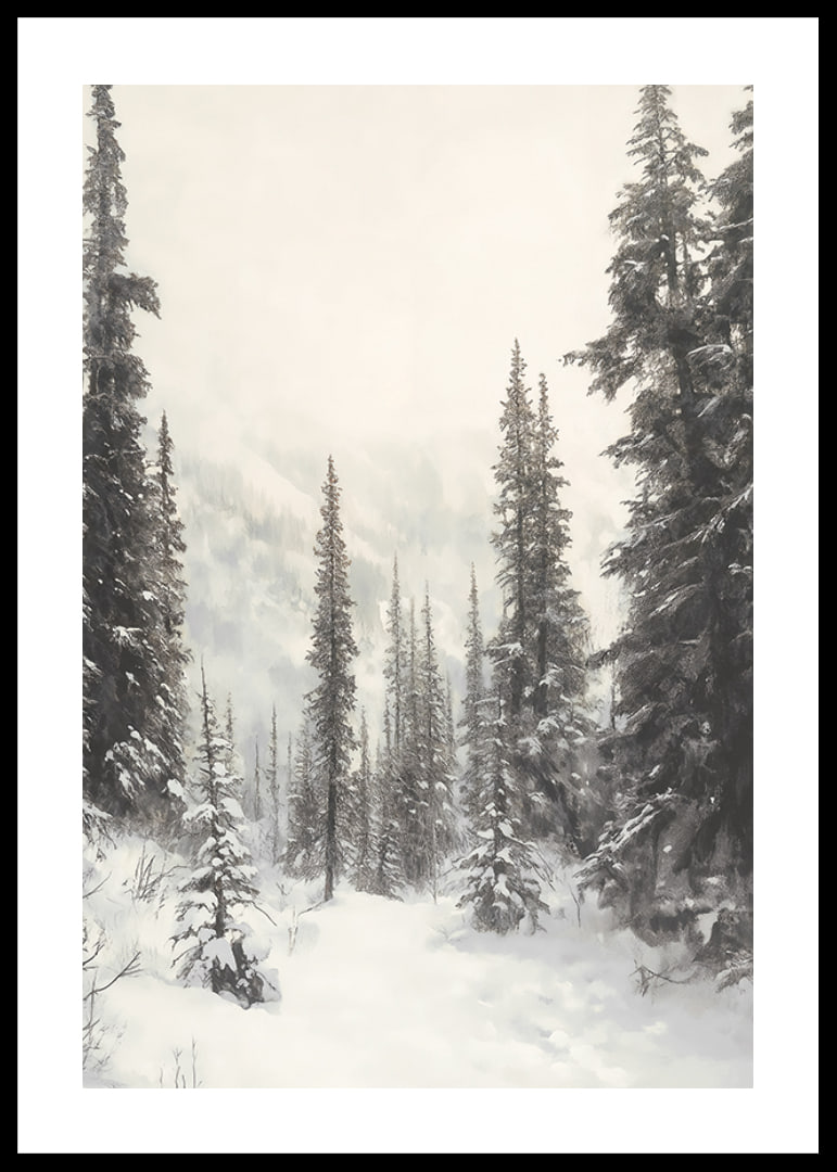Sentier hivernal illustré à travers une forêt d'épicéas enneigée dans le brouillard-12