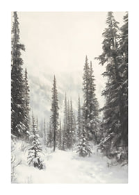 Sentier hivernal illustré à travers une forêt d'épicéas enneigée dans le brouillard-1