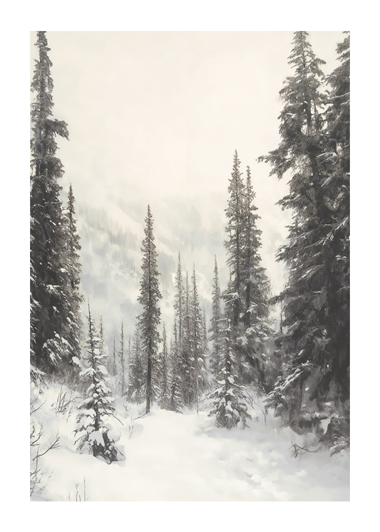 Sentier hivernal illustré à travers une forêt d'épicéas enneigée dans le brouillard-12
