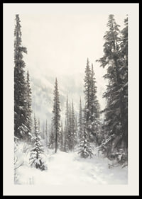 Sentier hivernal illustré à travers une forêt d'épicéas enneigée dans le brouillard-2