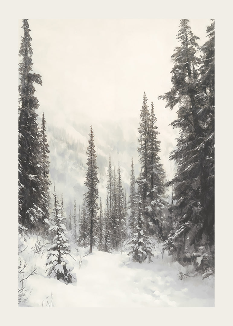 Sentier hivernal illustré à travers une forêt d'épicéas enneigée dans le brouillard-12