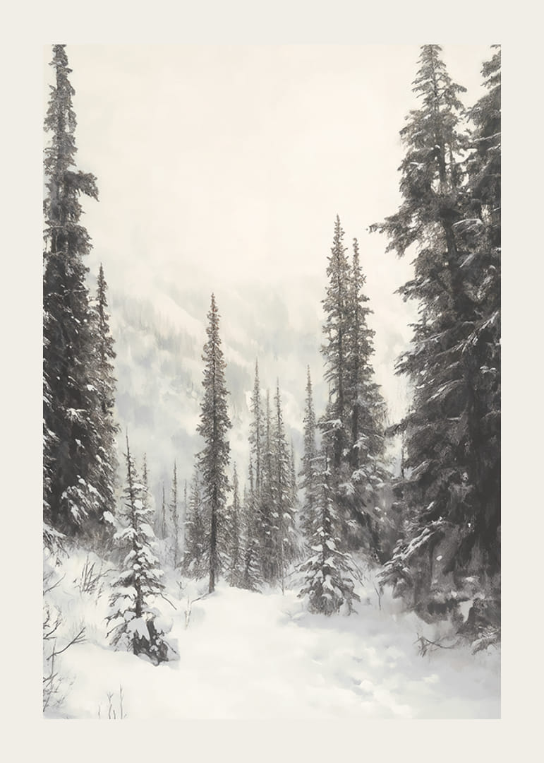 Illustreret vintersti gennem snedækket granskov i tåge-12