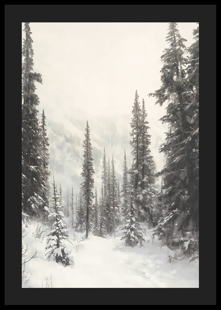 Sentier hivernal illustré à travers une forêt d'épicéas enneigée dans le brouillard-12