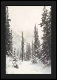 Illustreret vintersti gennem snedækket granskov i tåge-4