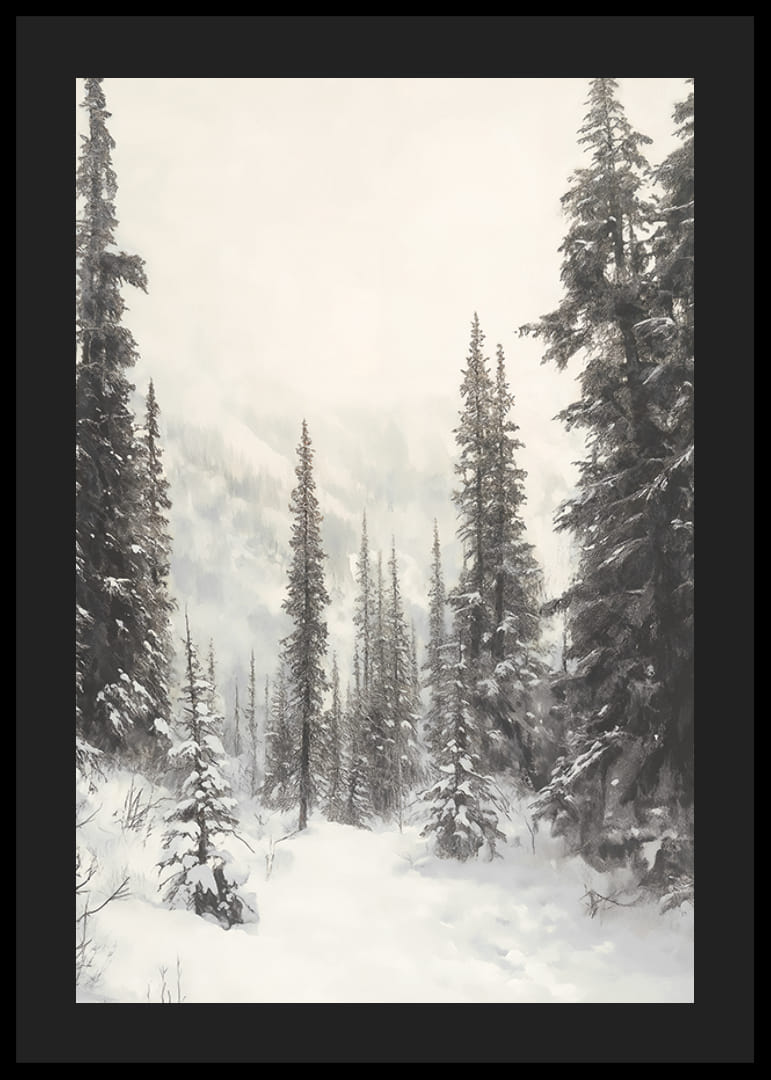 Illustreret vintersti gennem snedækket granskov i tåge-12