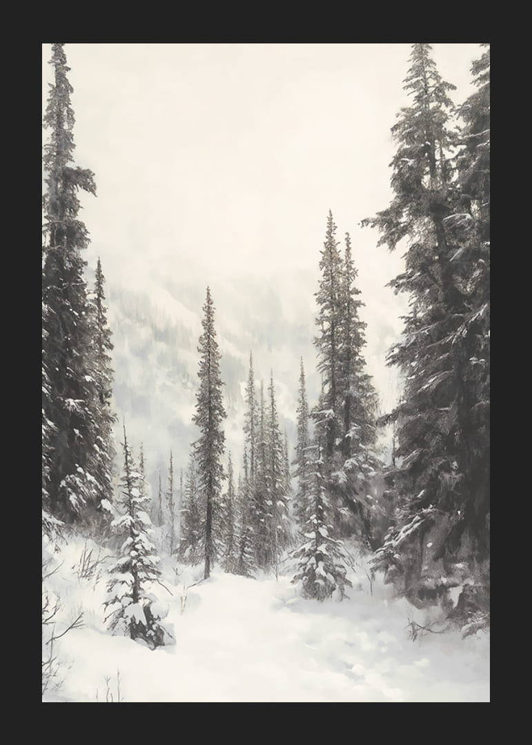 Illustreret vintersti gennem snedækket granskov i tåge-12