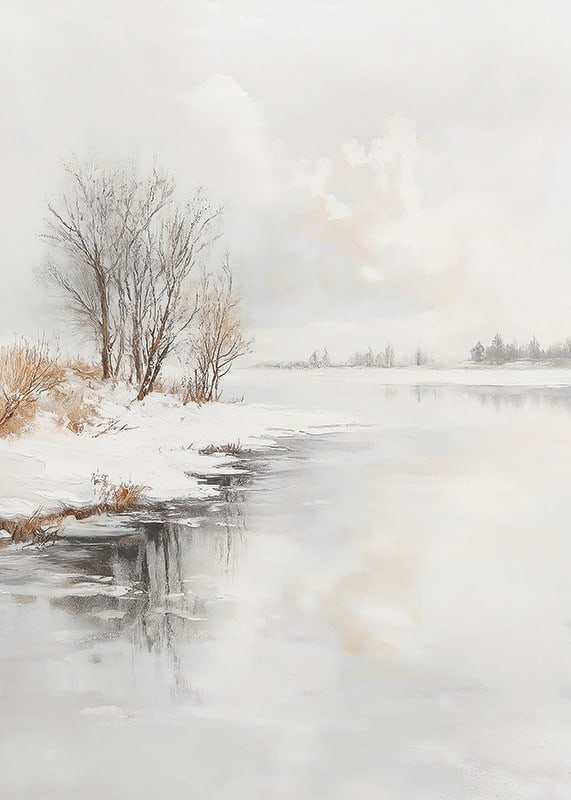 Winter landscape with frozen trees and ice on the riverbank-12