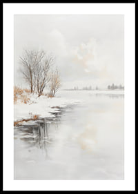 Winter landscape with frozen trees and ice on the riverbank-0