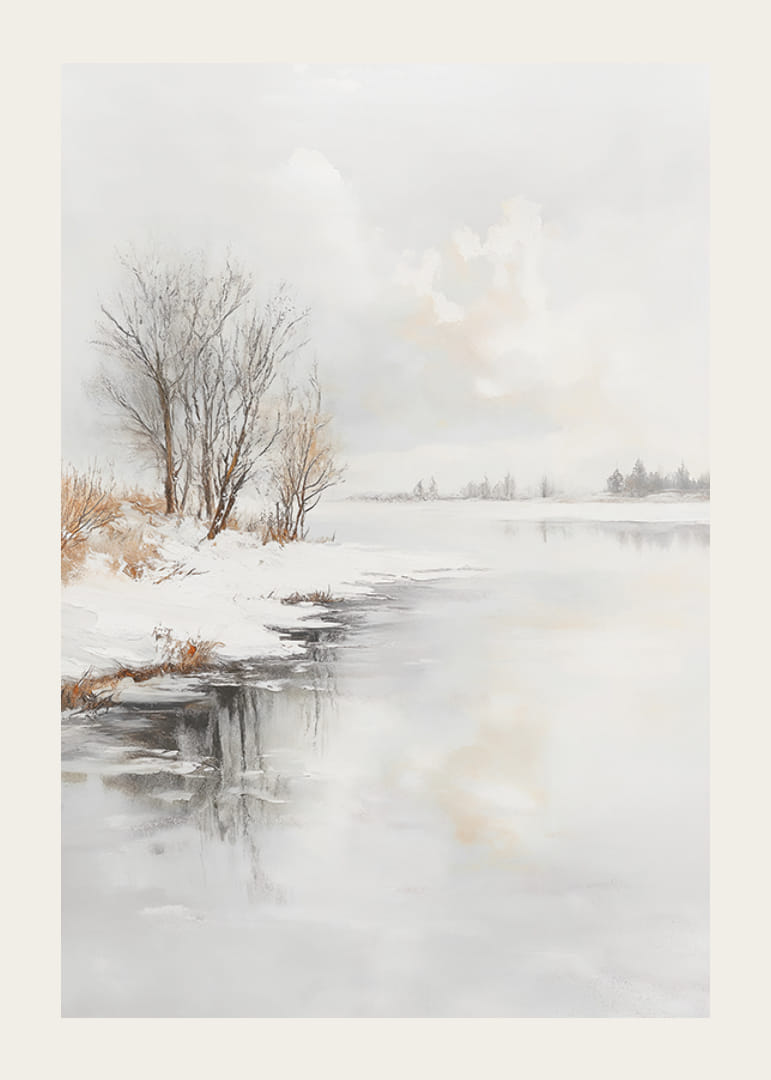 Téli táj fagyott fákkal és jéggel a folyóparton-12