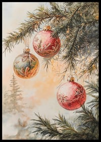 Painted Christmas tree branch with three balls in red and green-6