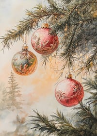 Painted Christmas tree branch with three balls in red and green-7