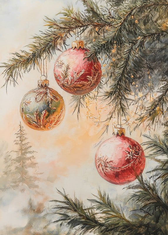 Painted Christmas tree branch with three balls in red and green-12