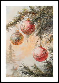 Painted Christmas tree branch with three balls in red and green-0