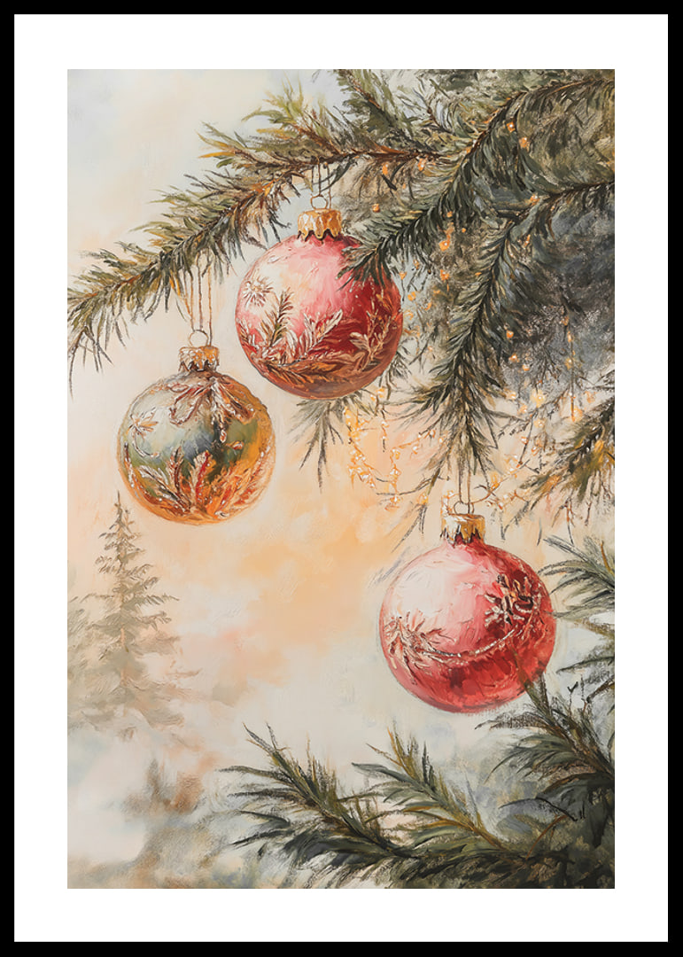 Painted Christmas tree branch with three balls in red and green-12