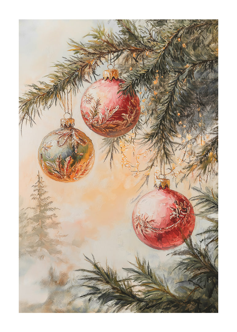 Painted Christmas tree branch with three balls in red and green-12