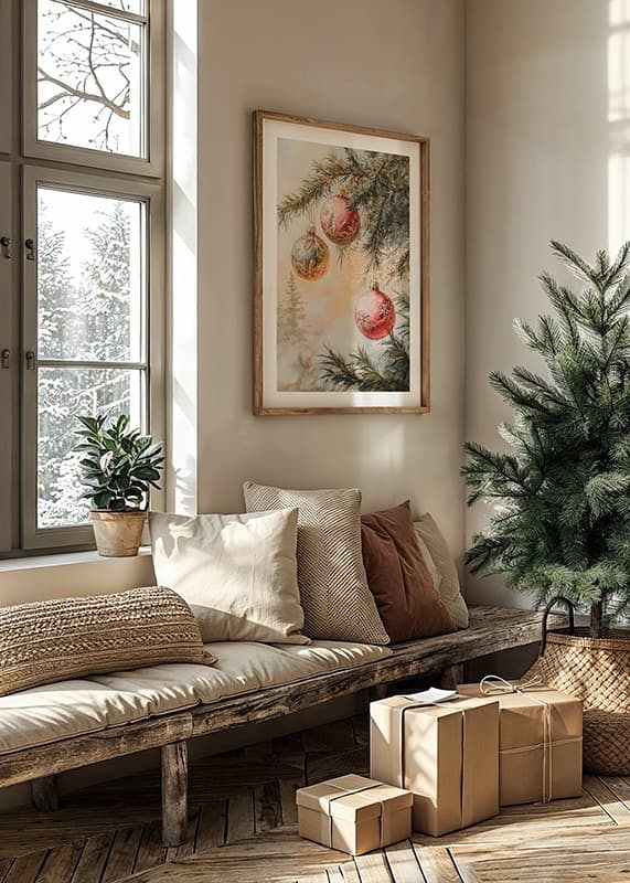 Painted Christmas tree branch with three balls in red and green-12