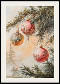 Painted Christmas tree branch with three balls in red and green-2