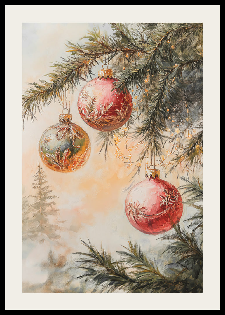 Painted Christmas tree branch with three balls in red and green-12