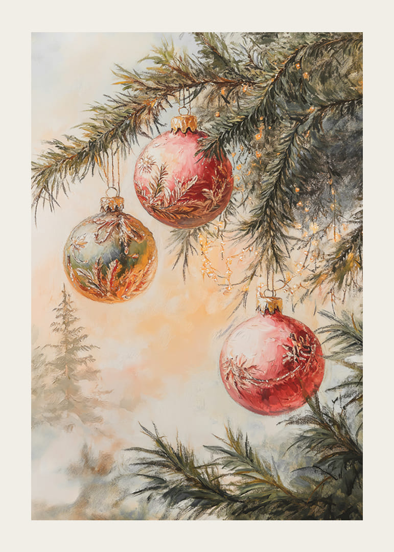 Bemalter Weihnachtsbaumzweig mit drei Kugeln in Rot und Grün-12