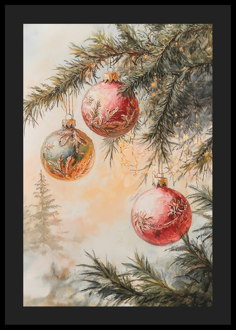 Painted Christmas tree branch with three balls in red and green-12