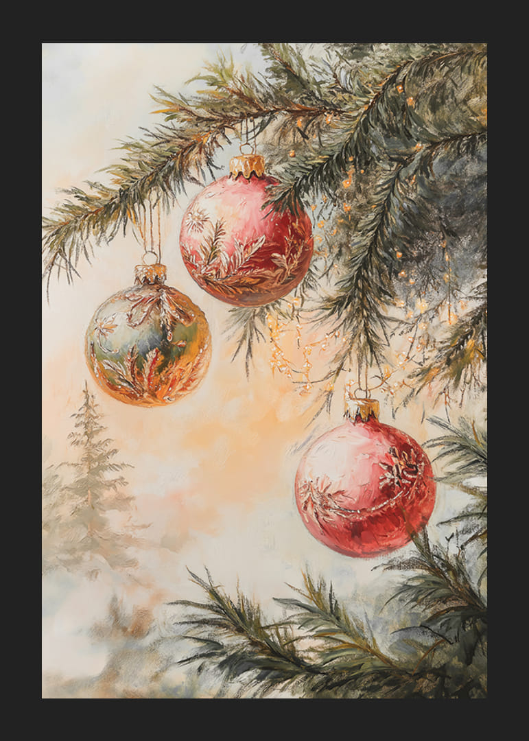 Bemalter Weihnachtsbaumzweig mit drei Kugeln in Rot und Grün-12