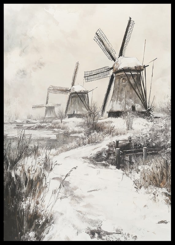 Illustrated windmills in winter landscape with snow-12