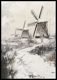 Poster met een schilderij van besneeuwde windmolens-2