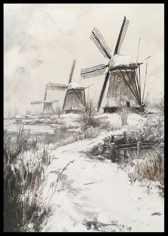 Poster met een schilderij van besneeuwde windmolens-12