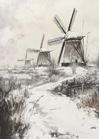 Illustrated windmills in winter landscape with snow-7