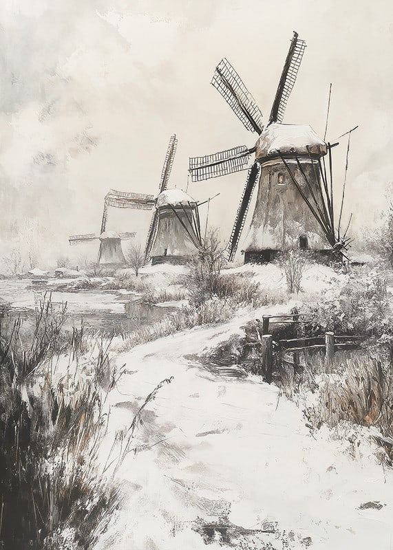 Illustrated windmills in winter landscape with snow-12
